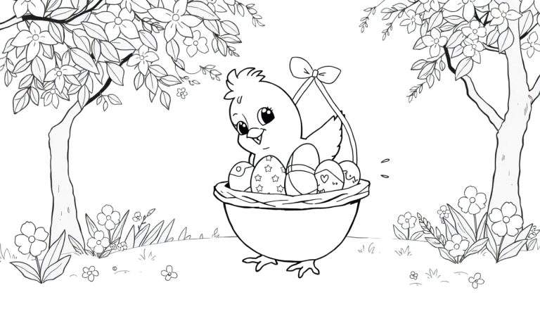 Pintura para colorir de um pintinho fofo numa cesta de Páscoa rodeada por flores e árvores floridas.