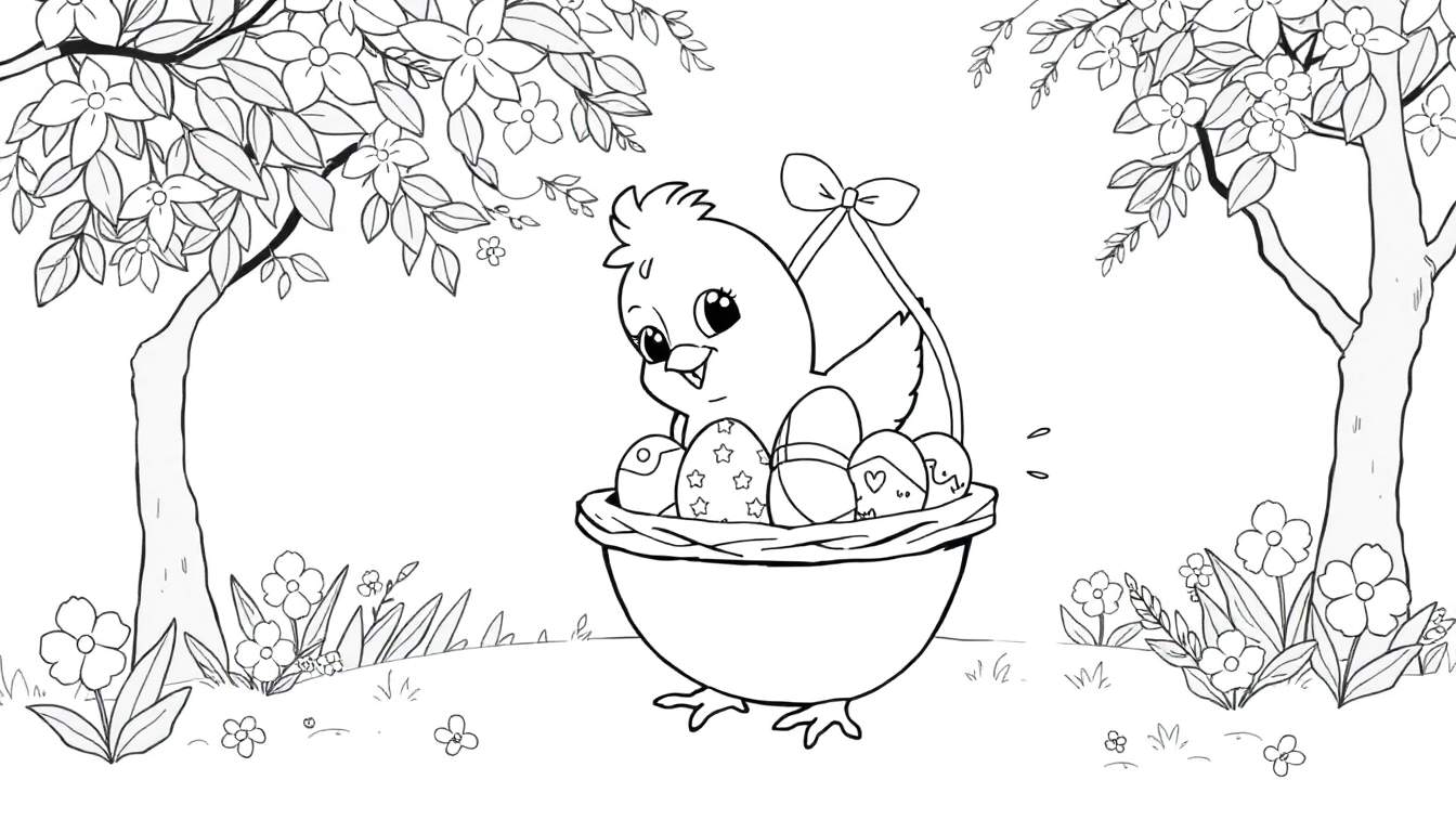 Pintura para colorir de um pintinho fofo numa cesta de Páscoa rodeada por flores e árvores floridas.