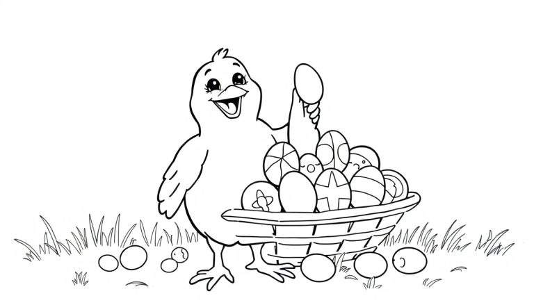 Filhote de pássaro sorrindo segurando um ovo de Páscoa perto de uma cesta cheia de ovos decorados em um gramado, com ovos espalhados ao redor. color panel.