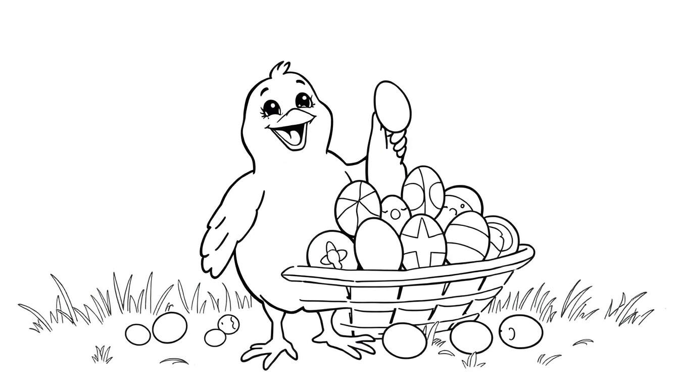 Filhote de pássaro sorrindo segurando um ovo de Páscoa perto de uma cesta cheia de ovos decorados em um gramado, com ovos espalhados ao redor. color panel.