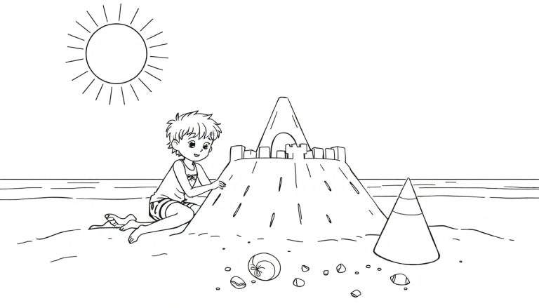 Um desenho em preto e branco de uma criança construindo um castelo de areia na praia com um sol sorridente no céu. Inclui um color panel.