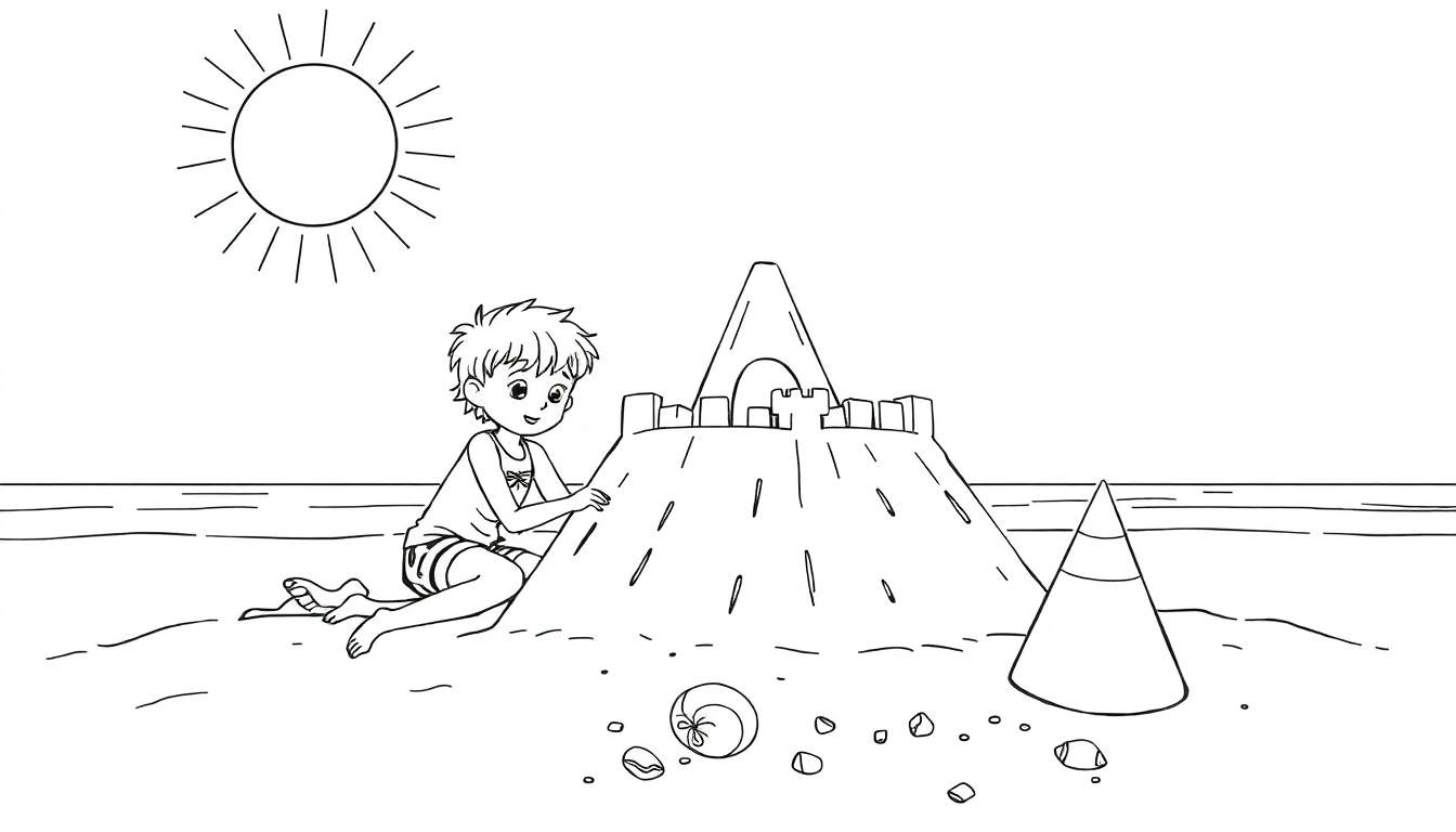 Um desenho em preto e branco de uma criança construindo um castelo de areia na praia com um sol sorridente no céu. Inclui um color panel.