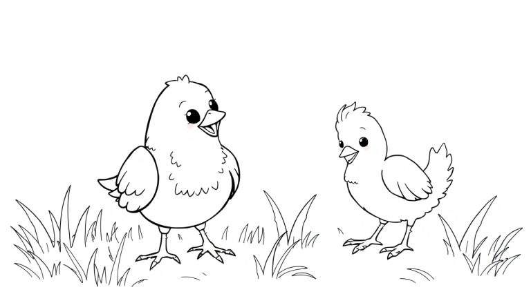 Um desenho em preto e branco de dois pintinhos conversando em um campo de grama, perfeito para um color panel.