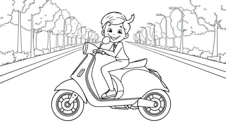 Um menino sorrindo dirige uma scooter em uma rua arborizada. O desenho em preto e branco apresenta um estilo limpo com linhas ousadas.