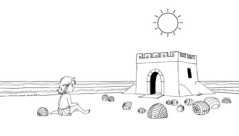 Um desenho em preto e branco de uma criança sentada na praia, de costas, olhando para o mar, com um castelo de areia detalhado e conchas espalhadas. Um sol simples está no céu. A cena é calma e alegre.