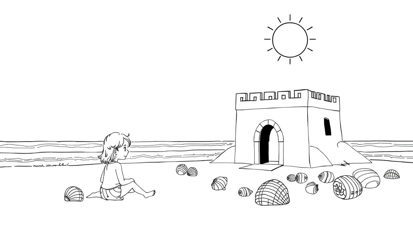 Um desenho em preto e branco de uma criança sentada na praia, de costas, olhando para o mar, com um castelo de areia detalhado e conchas espalhadas. Um sol simples está no céu. A cena é calma e alegre.
