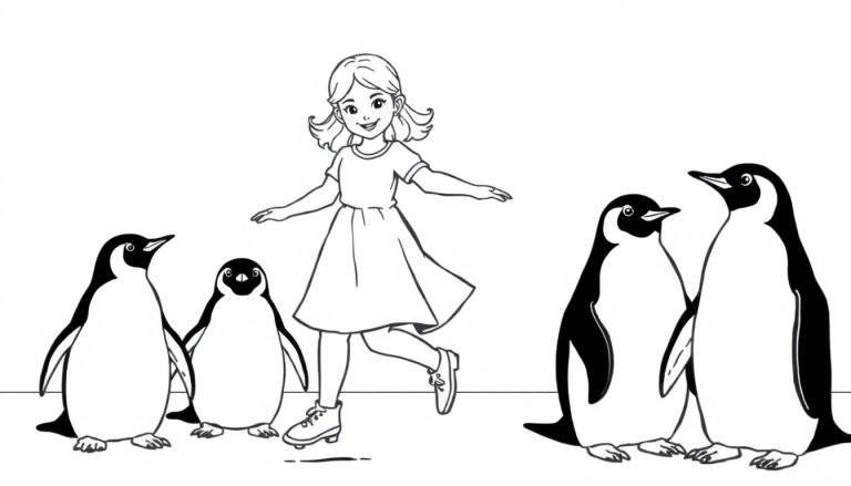 Uma menina sorridente dança com pinguins em um color panel.