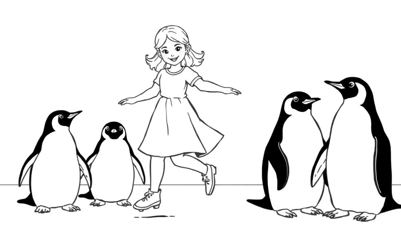 Uma menina sorridente dança com pinguins em um color panel.