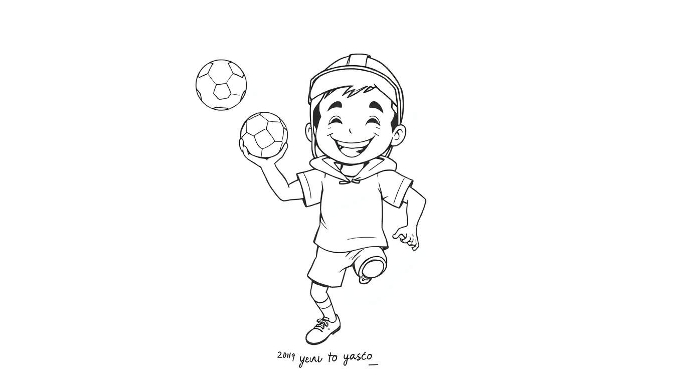 Menino sorrindo em um color panel jogando handebol, com uma bola na mão e outra no ar, usando capacete e moletom com capuz.