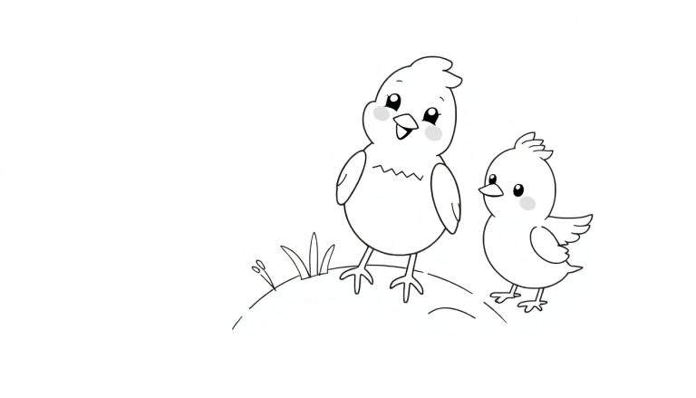 Duas aves fofas em um monte de grama, uma maior olhando para cima com um sorriso, a outra menor olhando para a esquerda. Desenho em preto e branco, estilo cartoon, color panel.