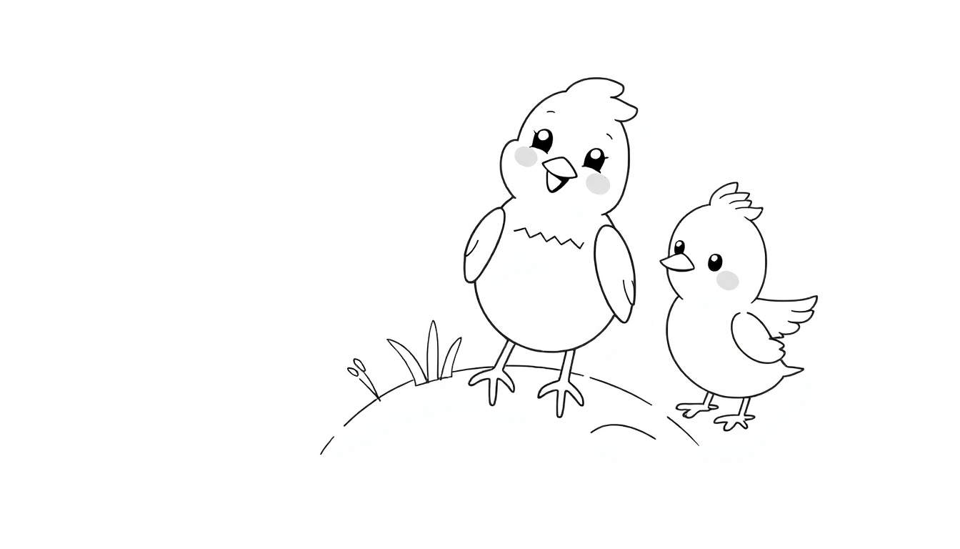 Duas aves fofas em um monte de grama, uma maior olhando para cima com um sorriso, a outra menor olhando para a esquerda. Desenho em preto e branco, estilo cartoon, color panel.