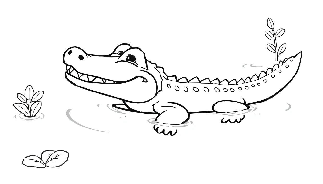 Um jacaré de desenho animado sorrindo e nadando na água com plantas ao redor, em um color panel.