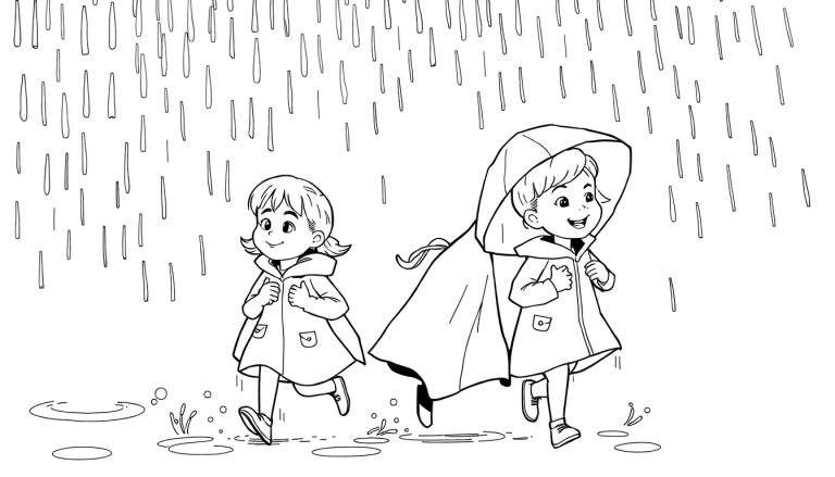 Desenho em preto e branco de duas meninas correndo na chuva, usando capas de chuva e pulando em poças.