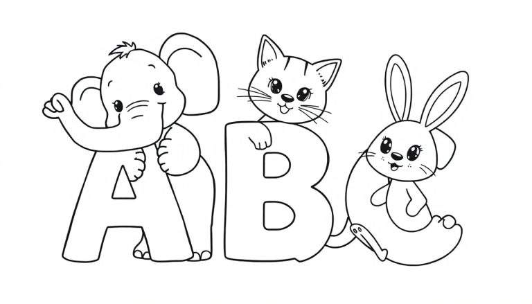 Uma pintura para colorir em preto e branco de um elefante perto da letra A, um gato em cima da letra B e um coelho perto da letra C.