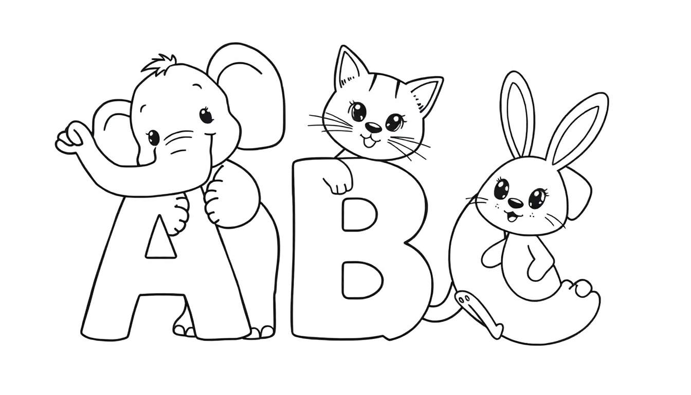 Uma pintura para colorir em preto e branco de um elefante perto da letra A, um gato em cima da letra B e um coelho perto da letra C.