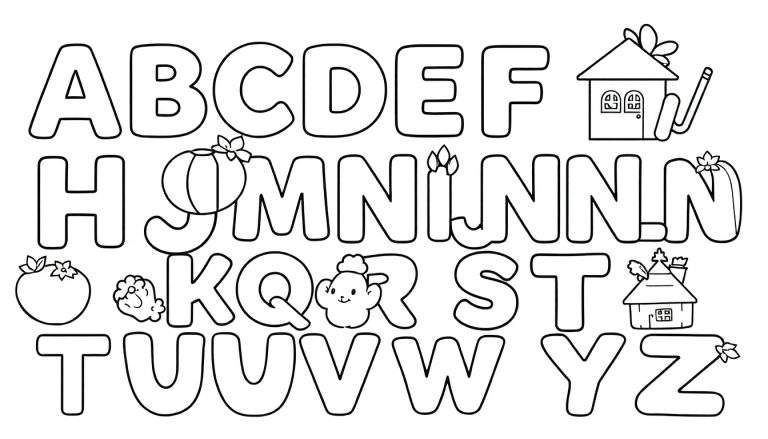 Um alfabeto infantil em preto e branco para colorir, com letras grandes e arredondadas, cada uma com uma ilustração relacionada, como uma casa para 'F' e um tomate para 'J'.