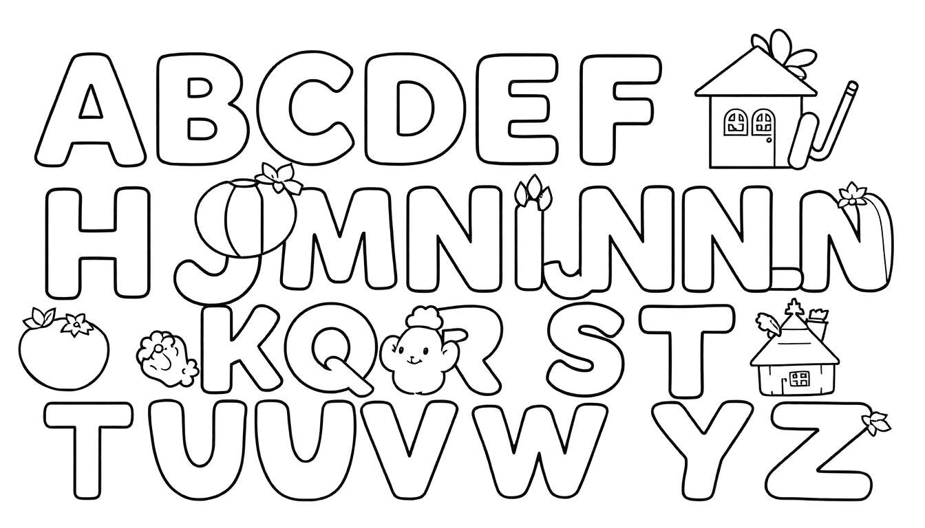 Um alfabeto infantil em preto e branco para colorir, com letras grandes e arredondadas, cada uma com uma ilustração relacionada, como uma casa para 'F' e um tomate para 'J'.