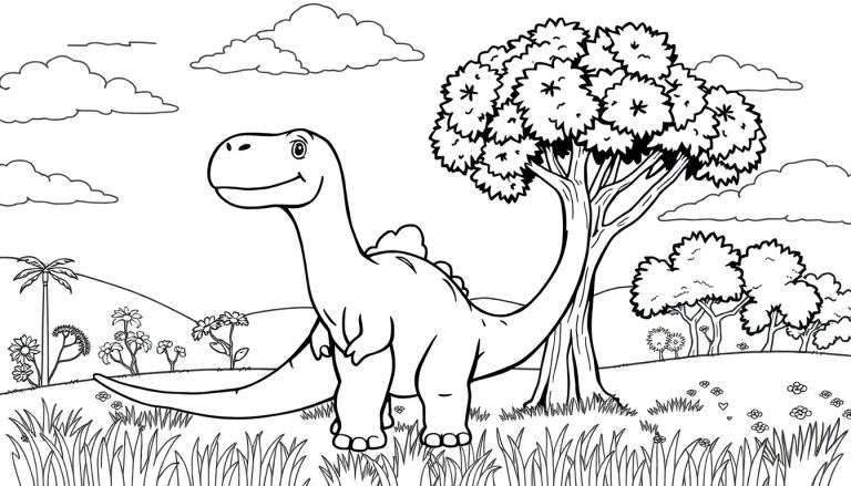 Um dinossauro sorrindo em um campo verde, estilo livro de colorir, com uma árvore grande ao fundo.