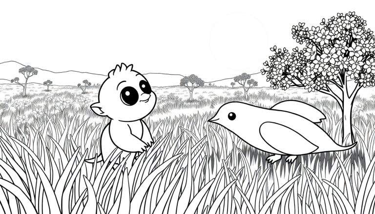 Dois pássaros adoráveis em um campo gramado, com uma árvore florida e montanhas ao fundo.