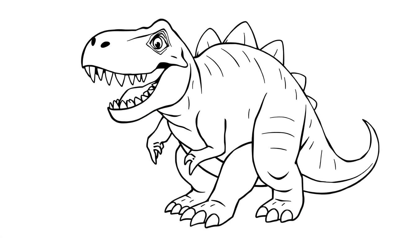 Desenho de contorno de um Tiranossauro Rex em estilo de desenho animado, com a boca aberta e dentes expostos.