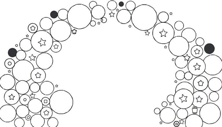Um painel de cores com círculos de tamanhos variados formando um arco, alguns com estrelas dentro. Pequenos círculos e quadrados estão espalhados, com dois círculos escuros para contraste.