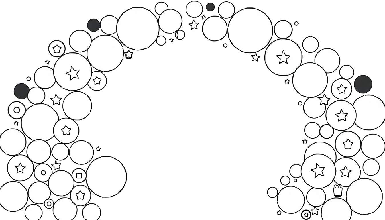 Um painel de cores com círculos de tamanhos variados formando um arco, alguns com estrelas dentro. Pequenos círculos e quadrados estão espalhados, com dois círculos escuros para contraste.