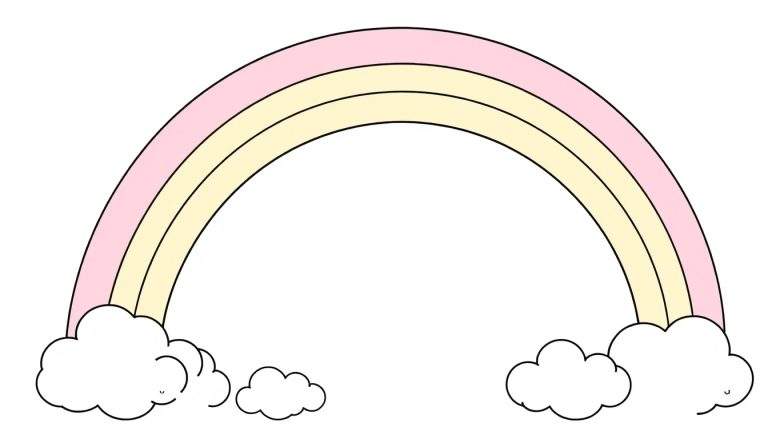 Um arco-íris pastel com faixas rosa e amarelas, terminando em nuvens fofas, sobre um fundo branco.