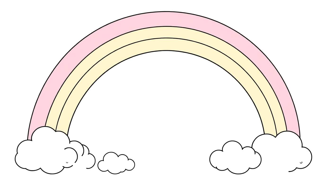 Um arco-íris pastel com faixas rosa e amarelas, terminando em nuvens fofas, sobre um fundo branco.