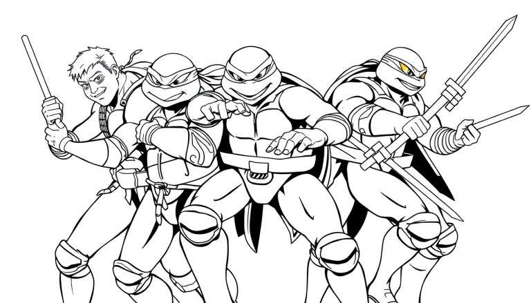 Um color panel das Tartarugas Ninja e Splinter em poses de ação.