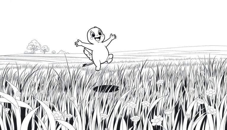 Um personagem de desenho animado com asas voando sobre um campo com uma toupeira.