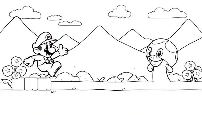 Mario saltando em blocos num cenário de Super Mario com flores e um Cogumelo 1-Up, num color panel.