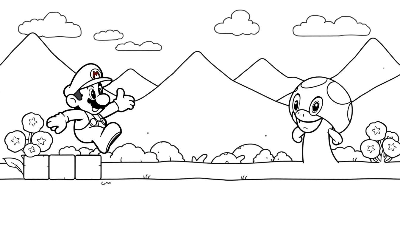 Mario saltando em blocos num cenário de Super Mario com flores e um Cogumelo 1-Up, num color panel.