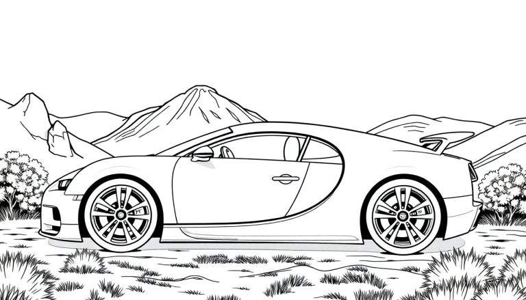 Um desenho de um carro esportivo estilo livro de colorir em um cenário montanhoso.