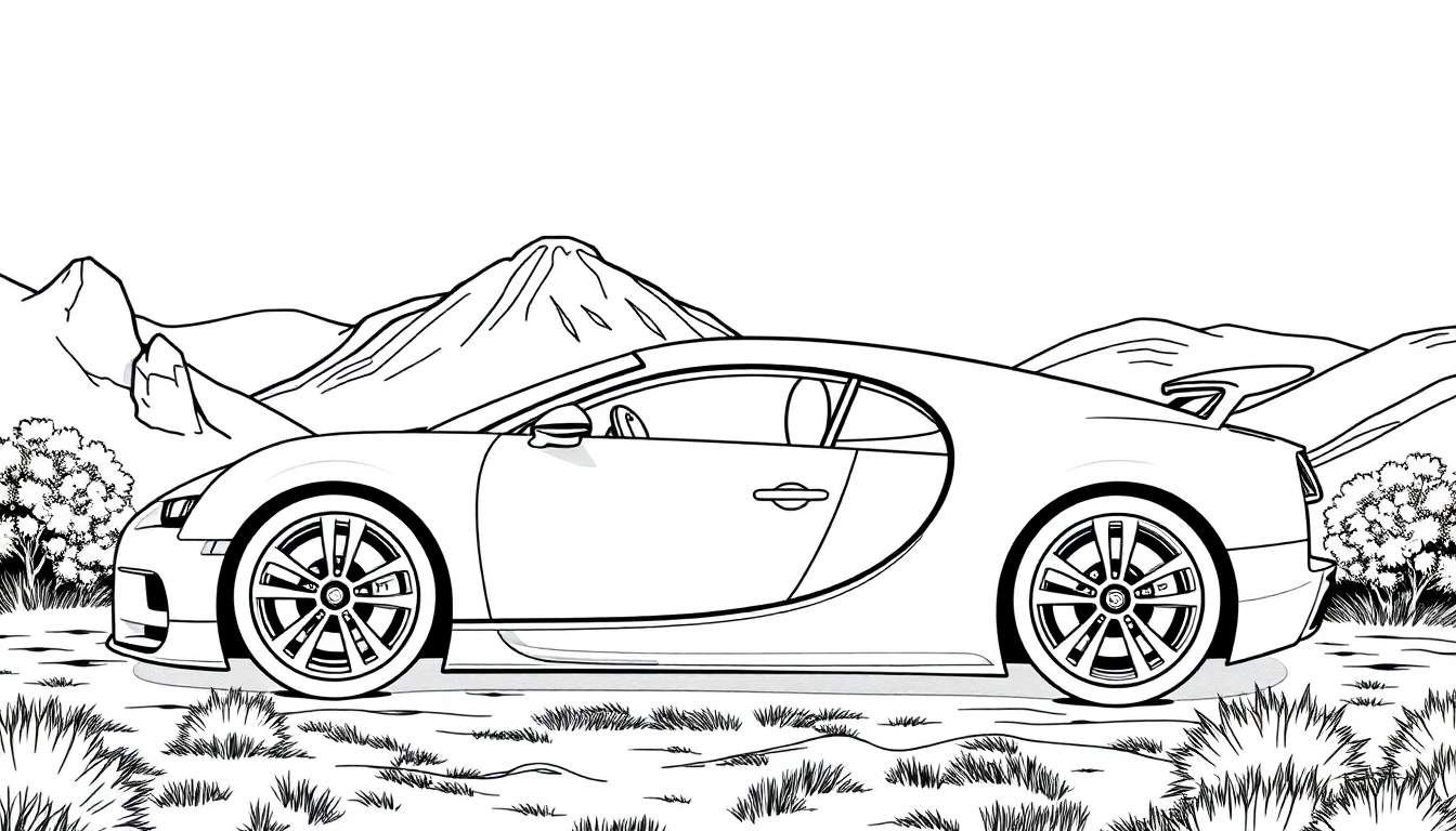 Um desenho de um carro esportivo estilo livro de colorir em um cenário montanhoso.