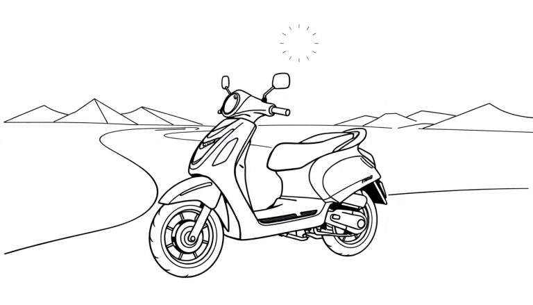 Uma scooter clássica estacionada em uma estrada sinuosa com montanhas ao fundo, com um céu claro e ensolarado. Um verdadeiro painel de cores para uma aventura incrível!