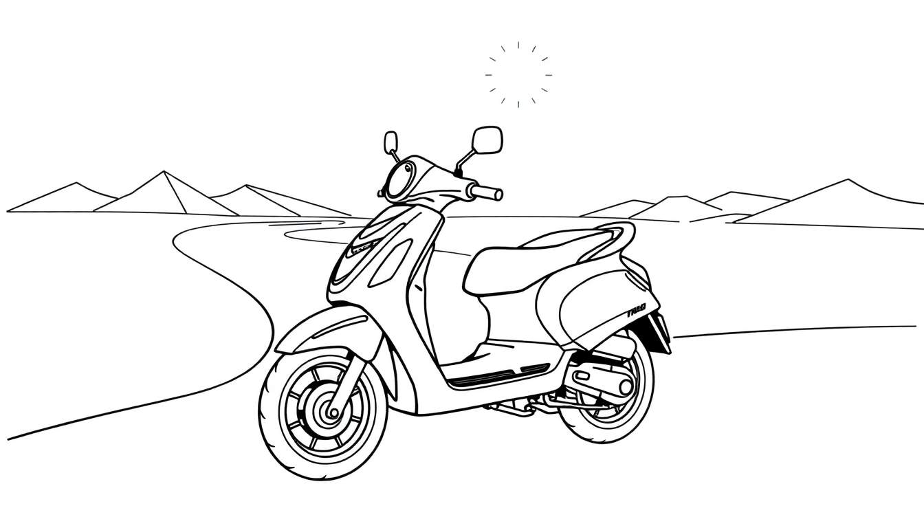 Uma scooter clássica estacionada em uma estrada sinuosa com montanhas ao fundo, com um céu claro e ensolarado. Um verdadeiro painel de cores para uma aventura incrível!