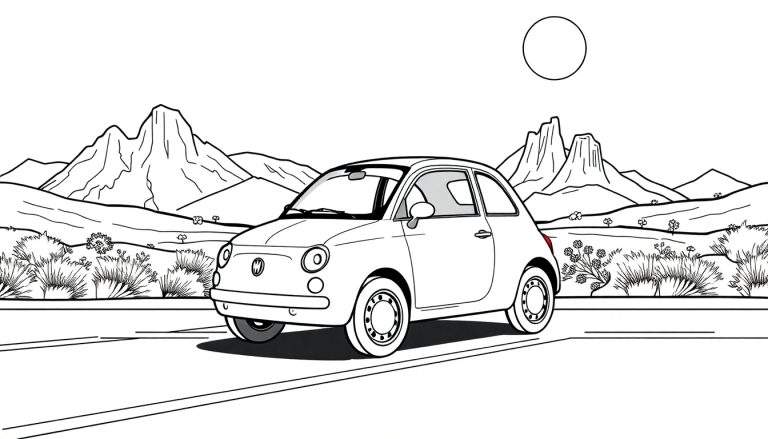 Um desenho linear em preto e branco de um Fiat 500 em uma paisagem desértica, pronto para colorir.