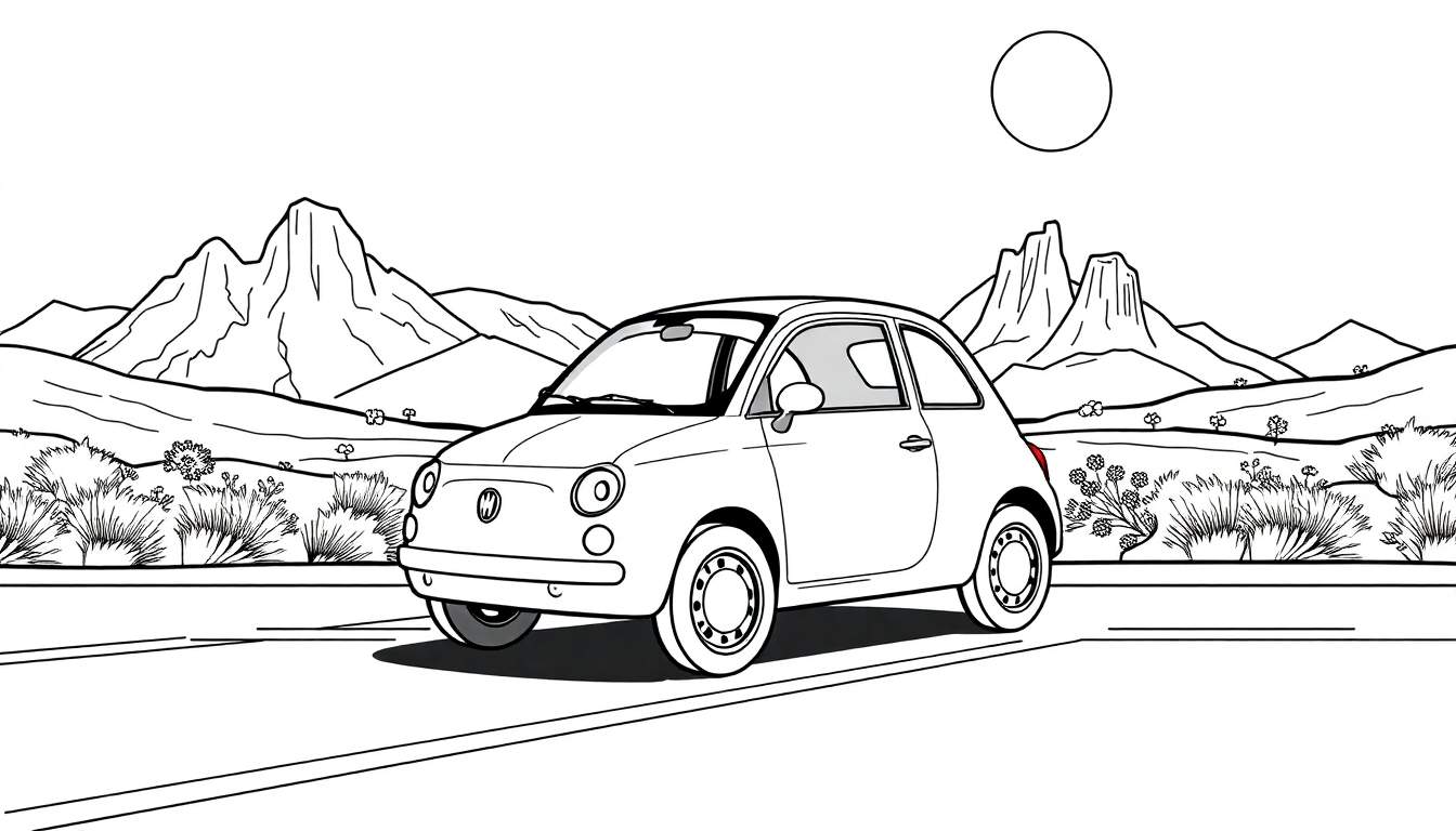 Um desenho linear em preto e branco de um Fiat 500 em uma paisagem desértica, pronto para colorir.
