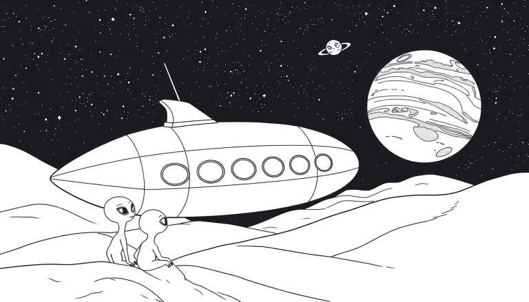 Dois alienígenas observam uma nave espacial com um planeta listrado e um planeta sorridente ao fundo em uma ilustração em preto e branco.