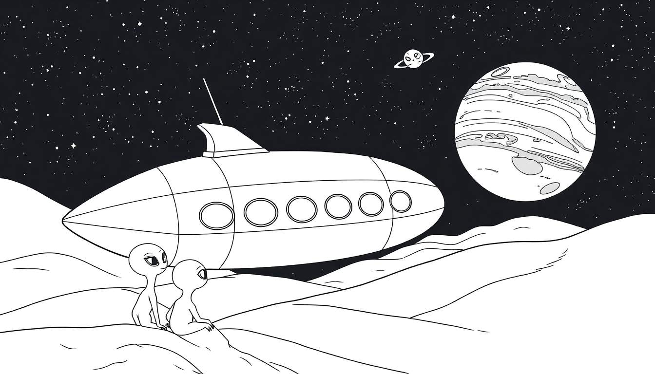 Dois alienígenas observam uma nave espacial com um planeta listrado e um planeta sorridente ao fundo em uma ilustração em preto e branco.