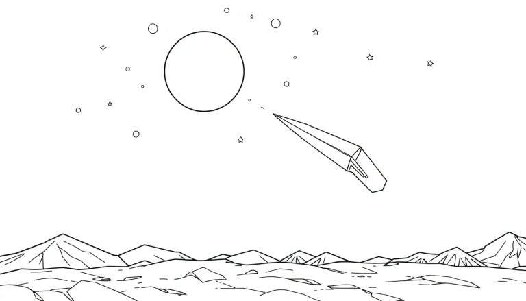 Nave espacial angular voando em direção a um planeta com paisagem lunar e estrelas ao fundo, em estilo de livro para colorir.
