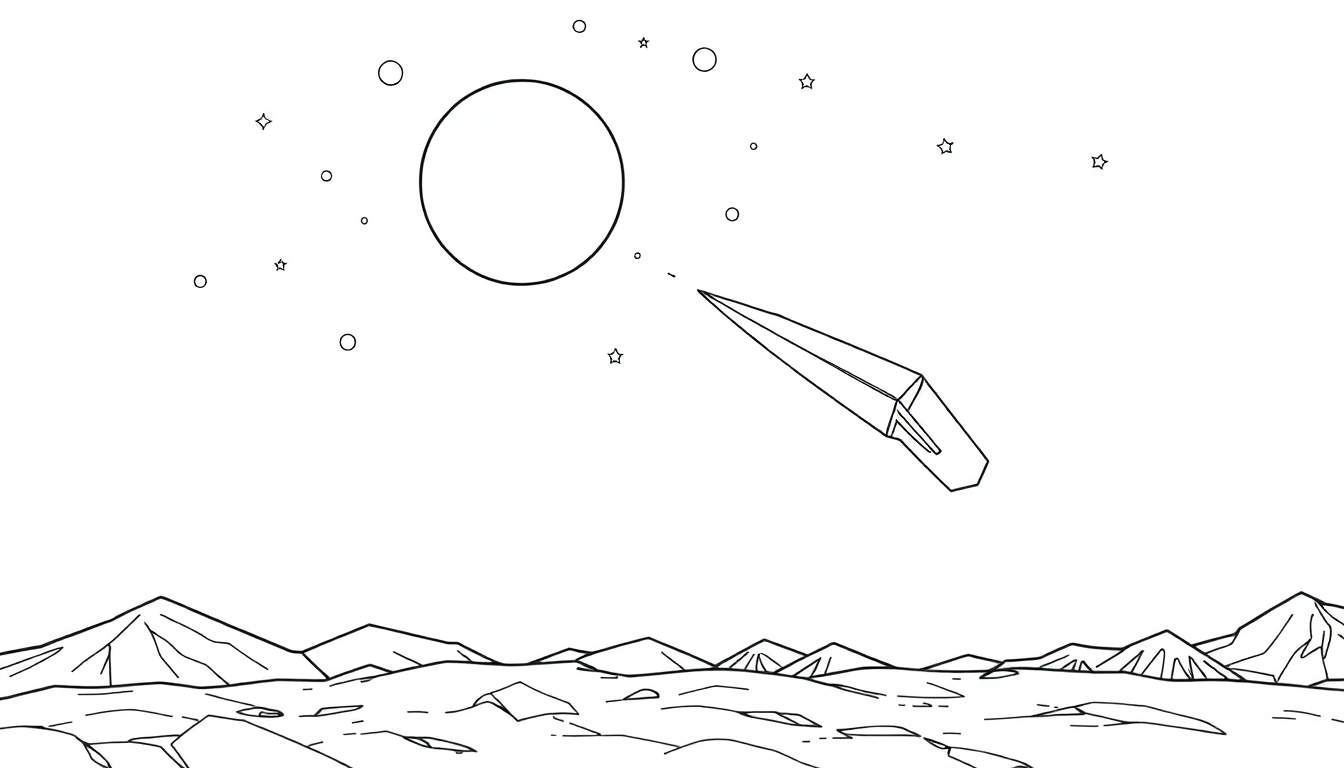 Nave espacial angular voando em direção a um planeta com paisagem lunar e estrelas ao fundo, em estilo de livro para colorir.