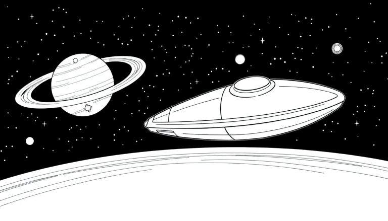 Um OVNI paira sobre um planeta em uma ilustração em preto e branco com estrelas e um planeta anelado ao fundo.