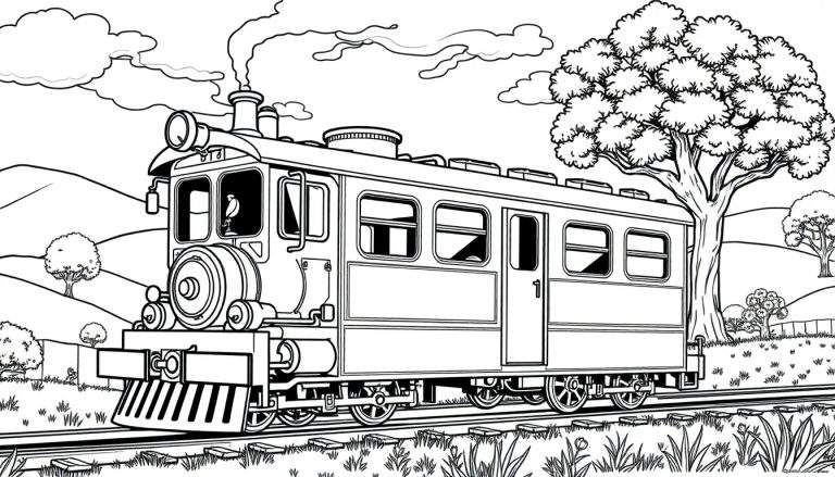 Ilustração em preto e branco de um trem a vapor antigo em uma paisagem campestre com um carvalho e um pássaro na cabine, pronto para colorir.