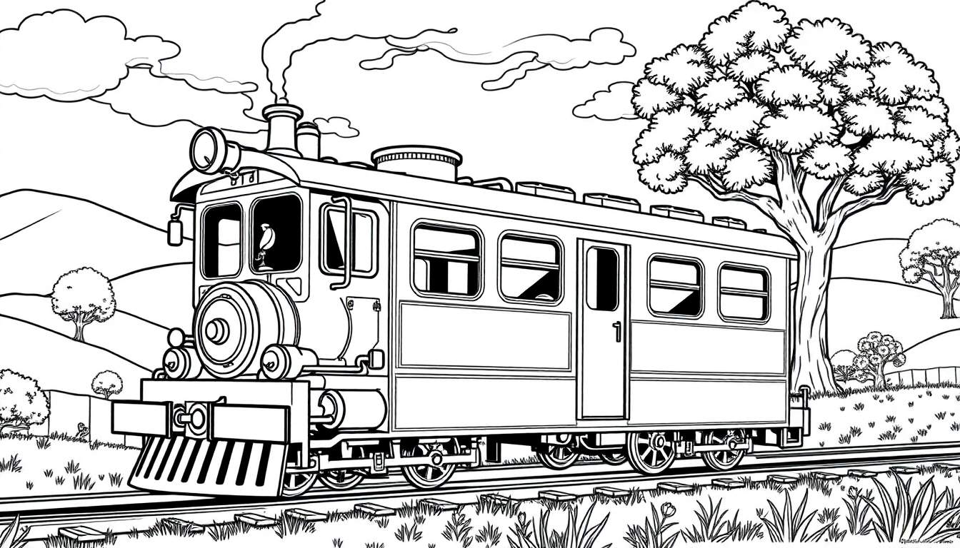 Ilustração em preto e branco de um trem a vapor antigo em uma paisagem campestre com um carvalho e um pássaro na cabine, pronto para colorir.