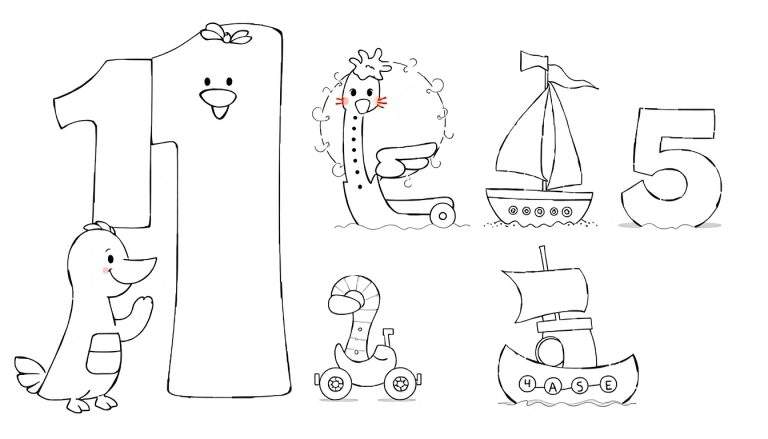 Um painel colorido com números e personagens de desenho animado, incluindo um pato, uma criatura em forma de Q e uma serpente sobre rodas, com barcos à vela e um painel de cores.