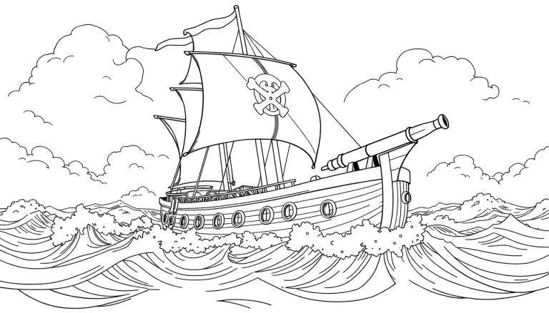 Desenho de navio pirata em preto e branco com bandeira de caveira e ossos cruzados, ondas agitadas e um canhão, pronto para colorir em um color panel.