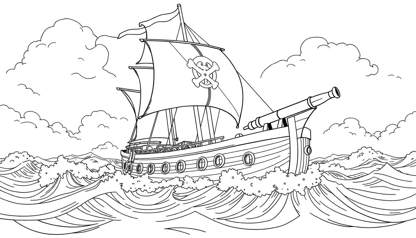 Desenho de navio pirata em preto e branco com bandeira de caveira e ossos cruzados, ondas agitadas e um canhão, pronto para colorir em um color panel.