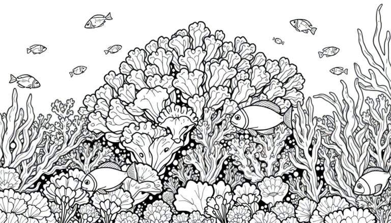 Ilustração em preto e branco de um recife de coral detalhado com muitos peixes pequenos nadando.