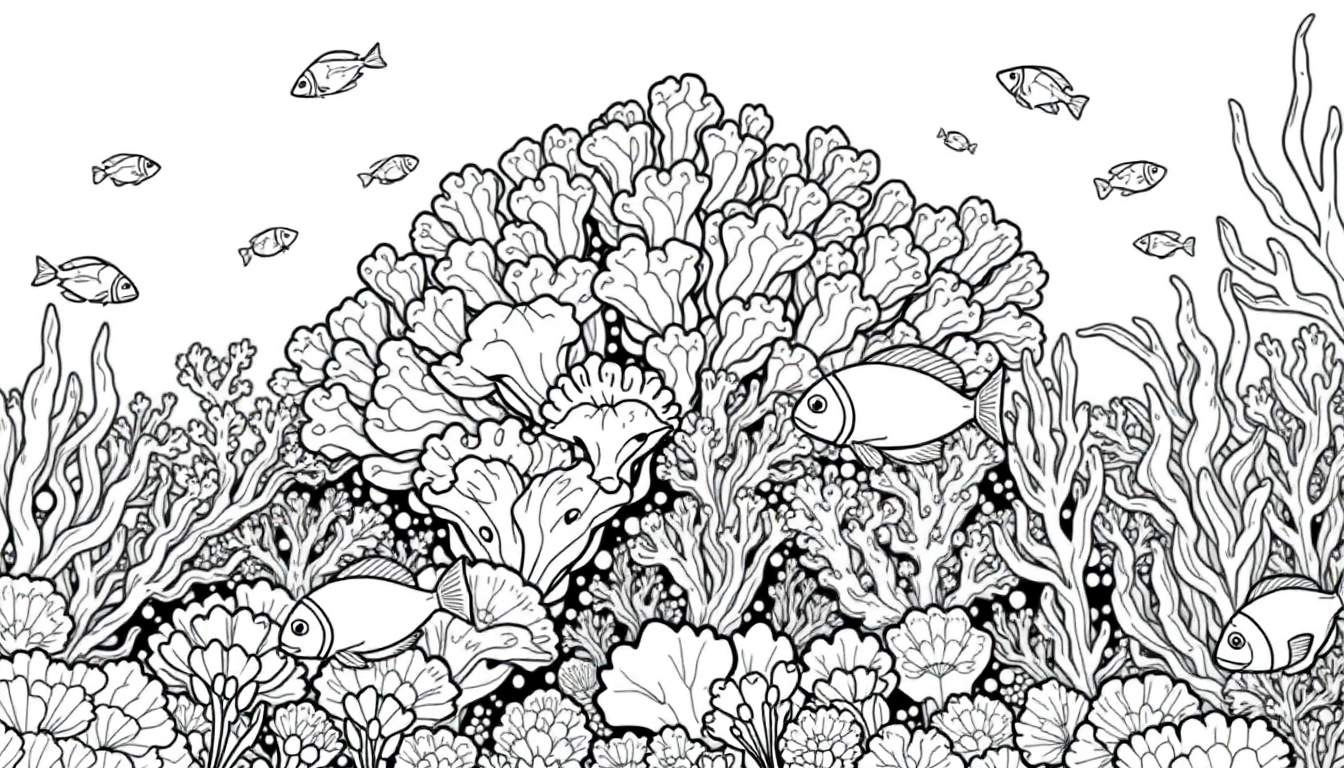 Ilustração em preto e branco de um recife de coral detalhado com muitos peixes pequenos nadando.